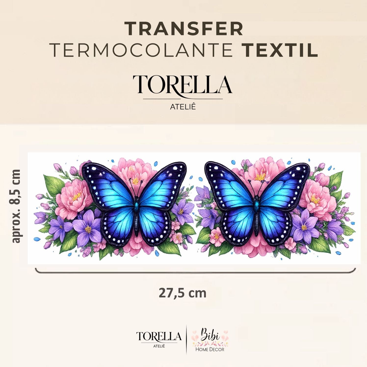 Borboleta Azul com Flores Rosa - Transfer Têxtil DTF - img 1