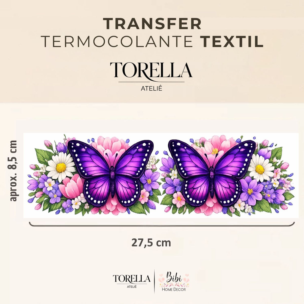 Borboleta Roxa com Flores - Transfer Têxtil DTF - img 1