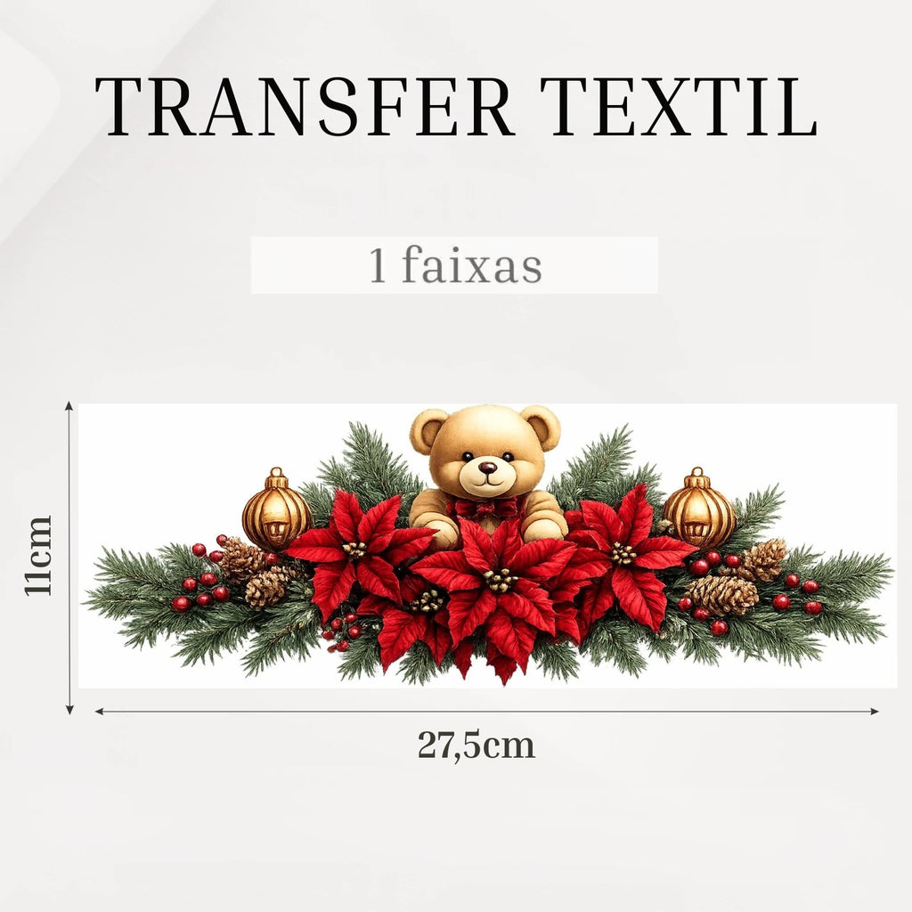 Transfer têxtil DTF Flores de Natal com Urso