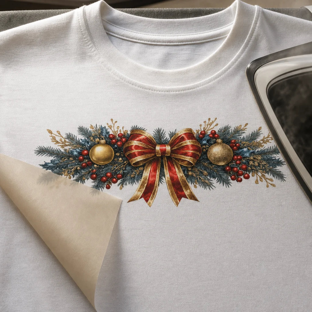 Transfer têxtil DTF Laço Dourado e Vermelho aplicado — Camiseta
