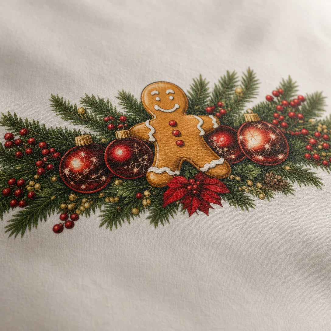 Transfer têxtil DTF Biscoitos de Natal aplicado — Macro do transfer biscoito de gengibre prensado no tecido