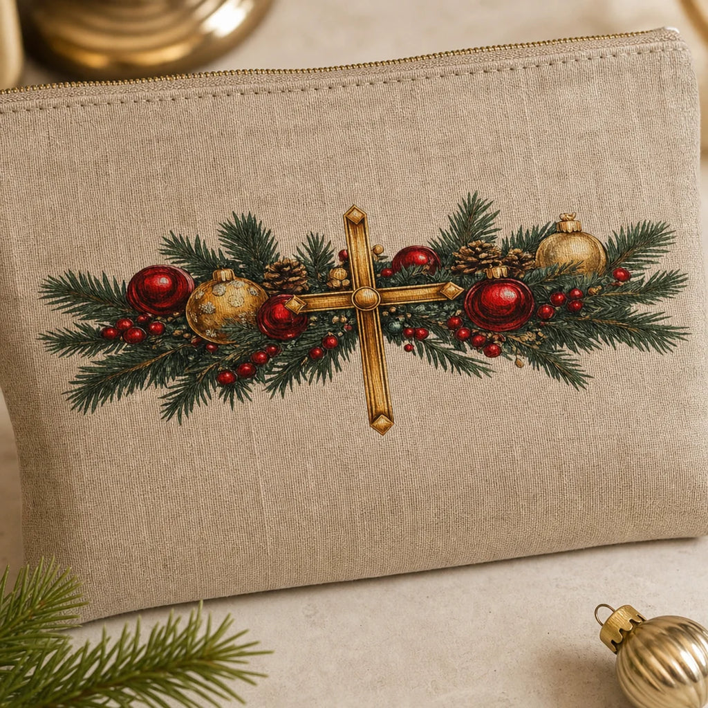 Transfer têxtil DTF Cruz de Natal aplicado — Necessaire de linho
