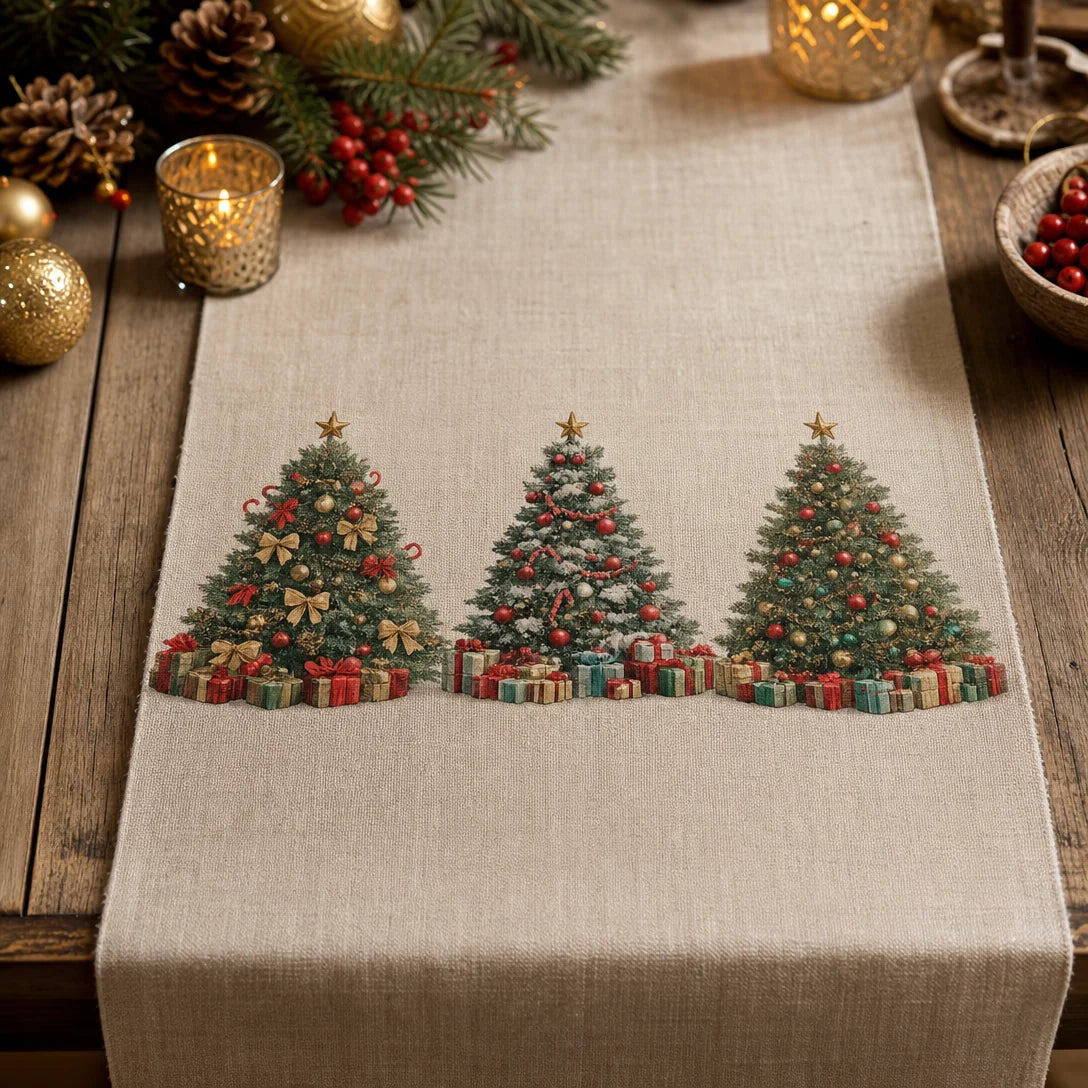 Transfer têxtil DTF Árvores de Natal aplicado — Caminho de mesa de linho