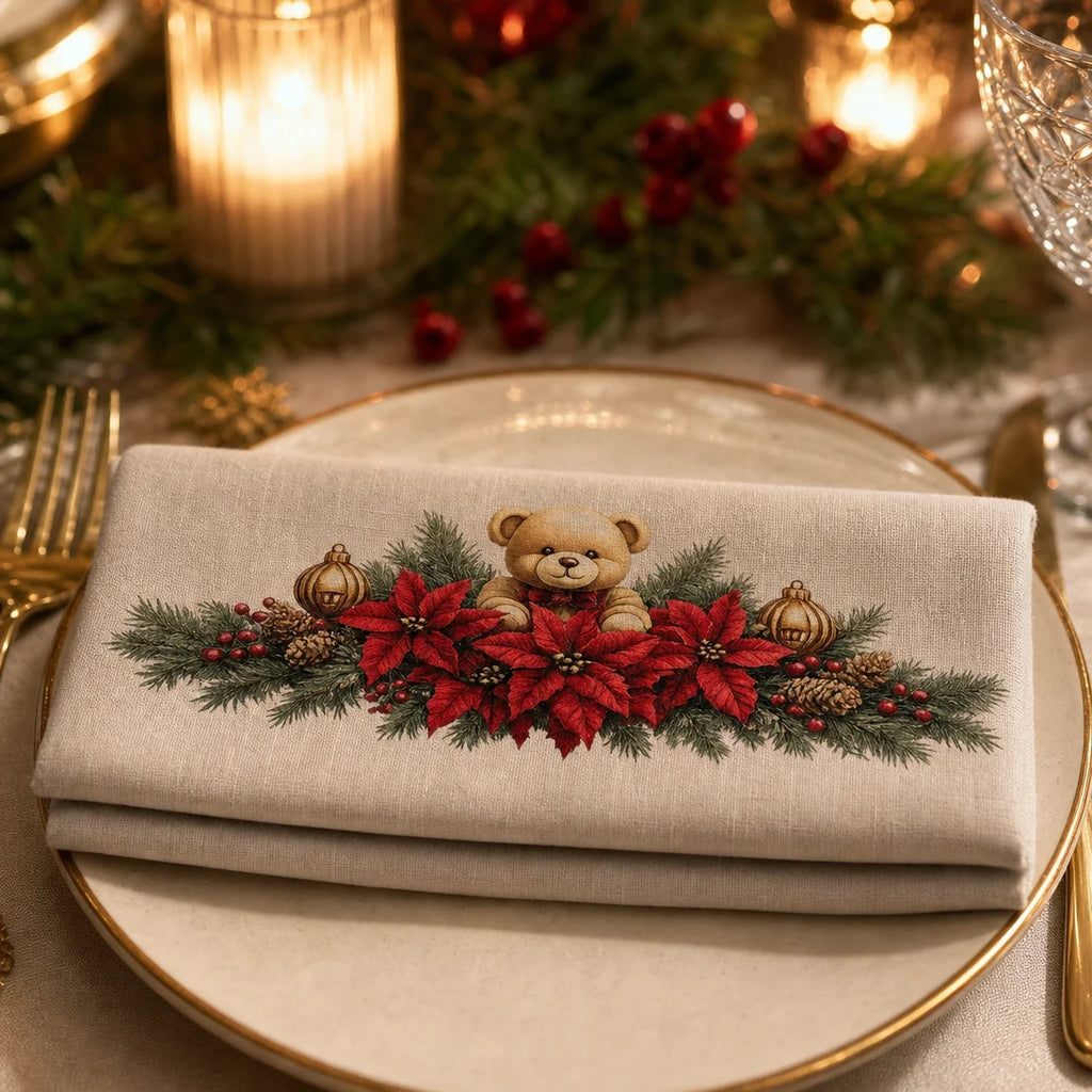 Transfer têxtil DTF Flores de Natal com Urso aplicado — Guardanapo de linho