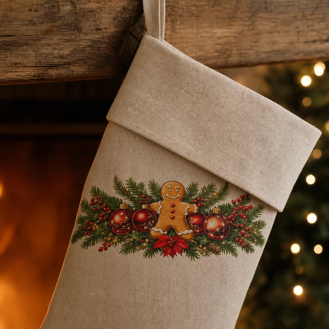 Transfer têxtil DTF Biscoitos de Natal aplicado — Meia de Natal de linho