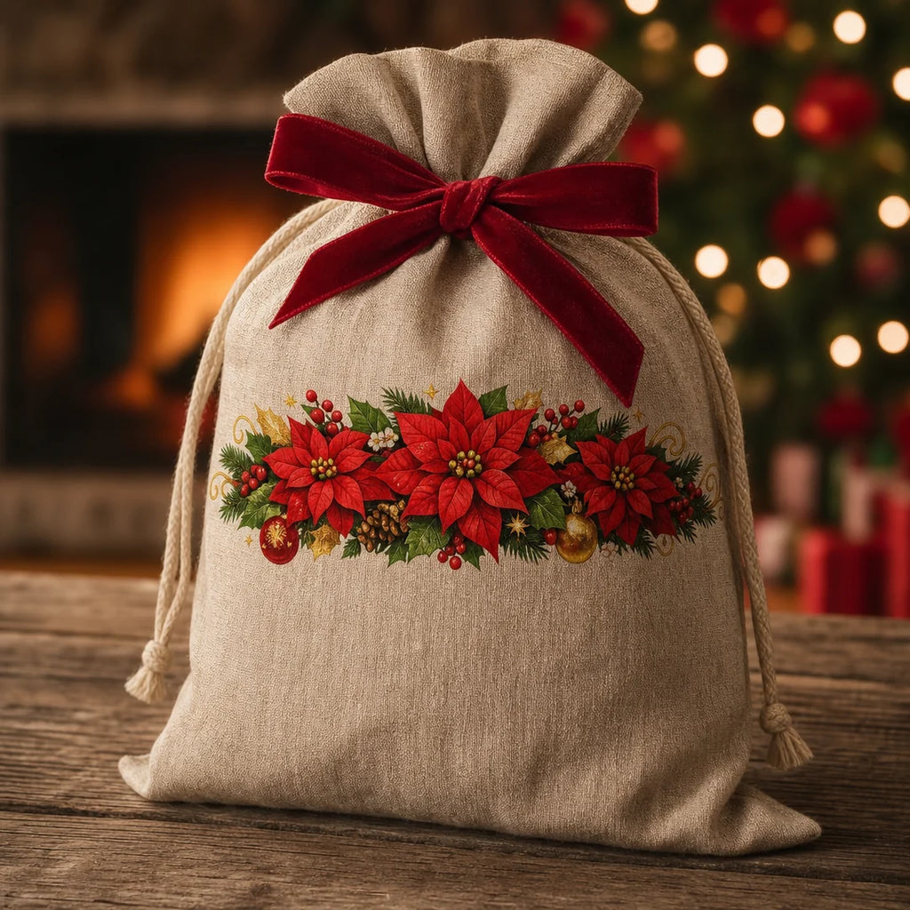 Transfer têxtil DTF Flores de Natal aplicado — Saco de linho