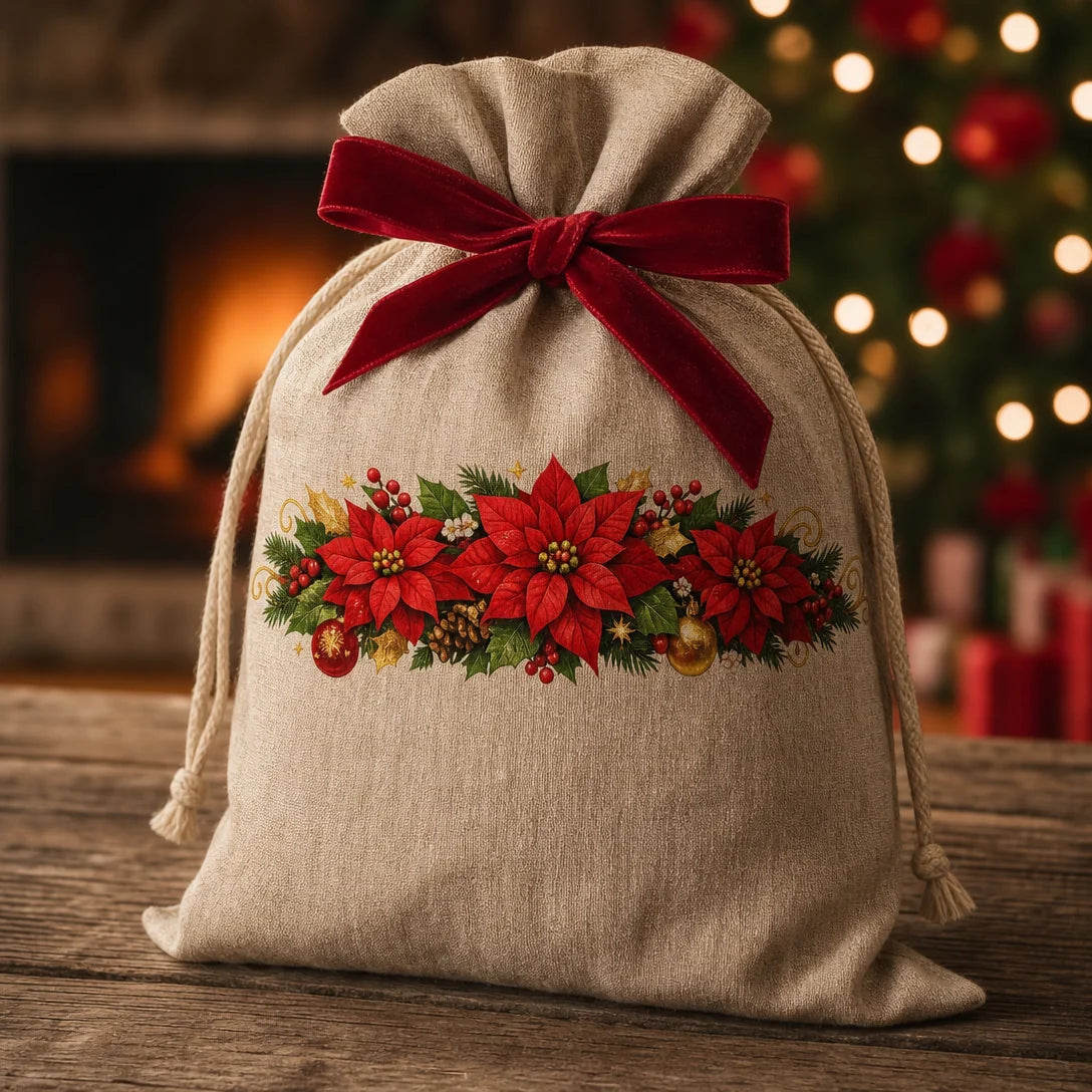 Transfer têxtil DTF Flores de Natal aplicado — Saco de linho