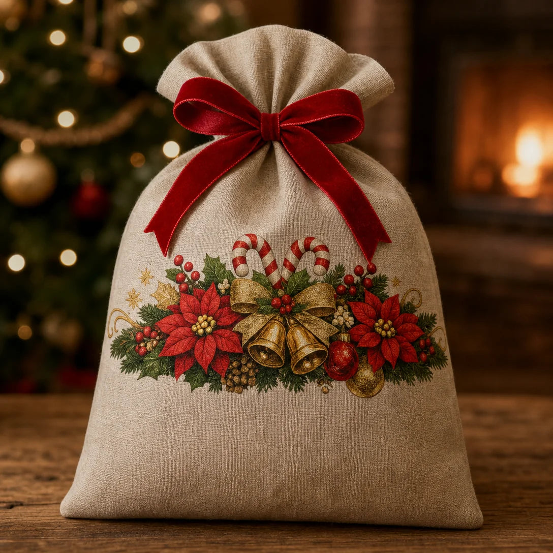Transfer têxtil DTF Flores de Natal com Sino aplicado — Saco de linho