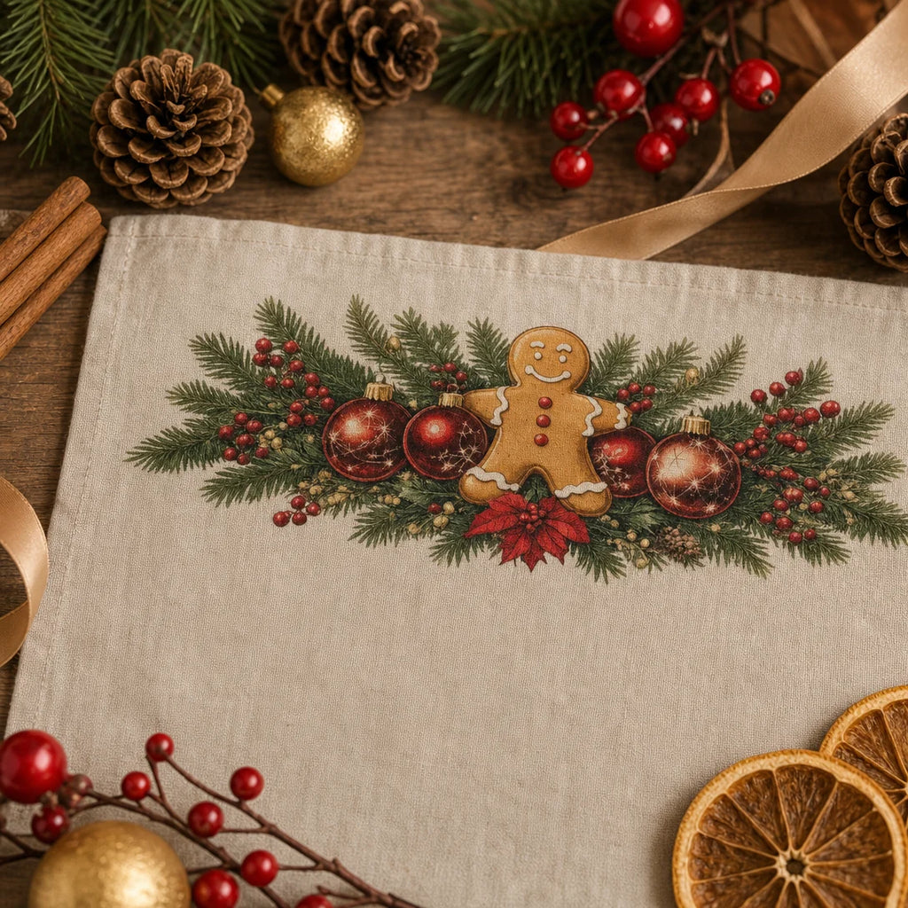 Transfer têxtil DTF Biscoitos de Natal aplicado — Pano de chá de linho