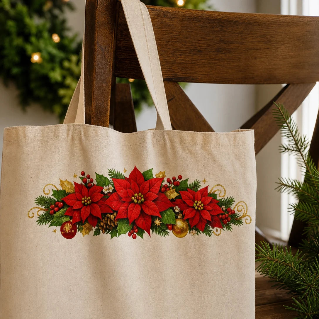 Transfer têxtil DTF Flores de Natal aplicado — Sacola de algodão