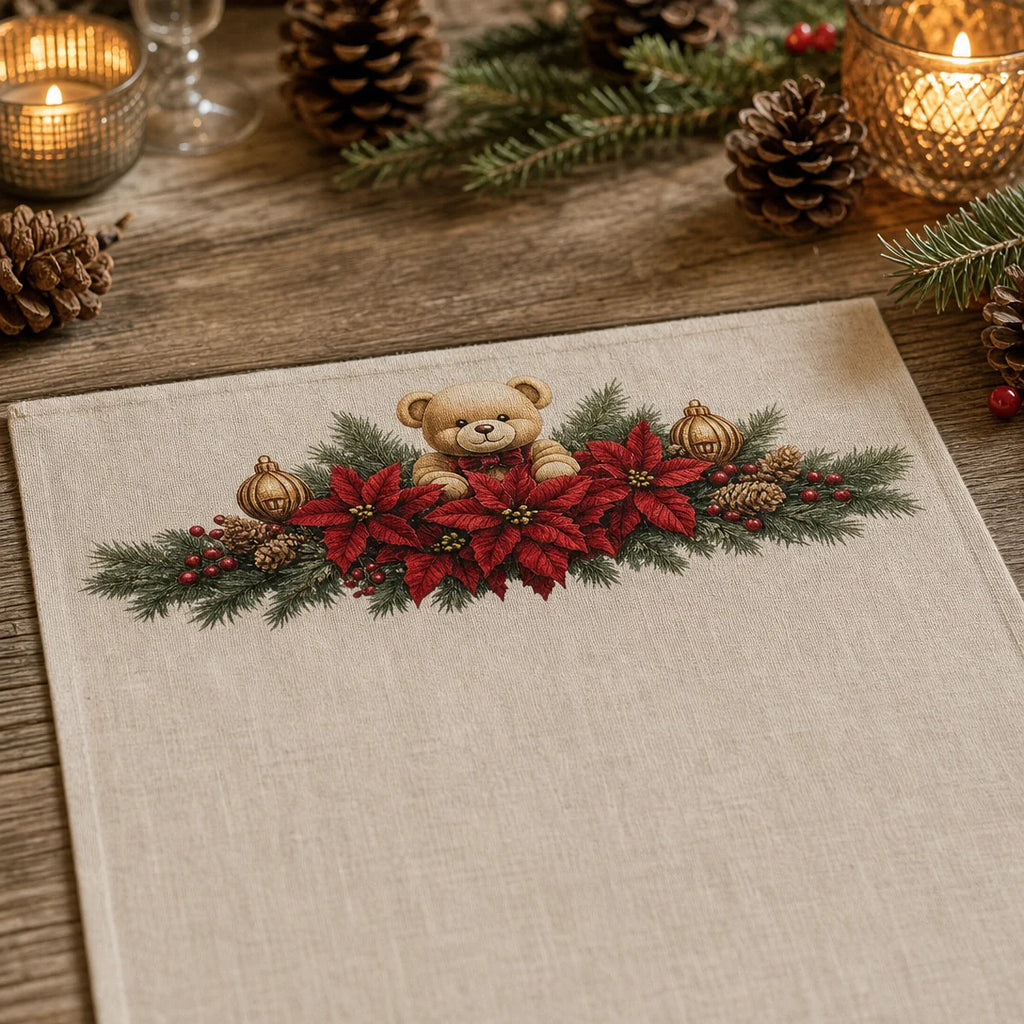 Transfer têxtil DTF Flores de Natal com Urso aplicado — Toalha de mesa de linho