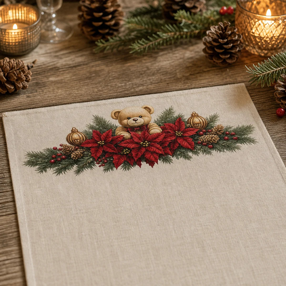 Transfer têxtil DTF Flores de Natal com Urso aplicado — Toalha de mesa de linho