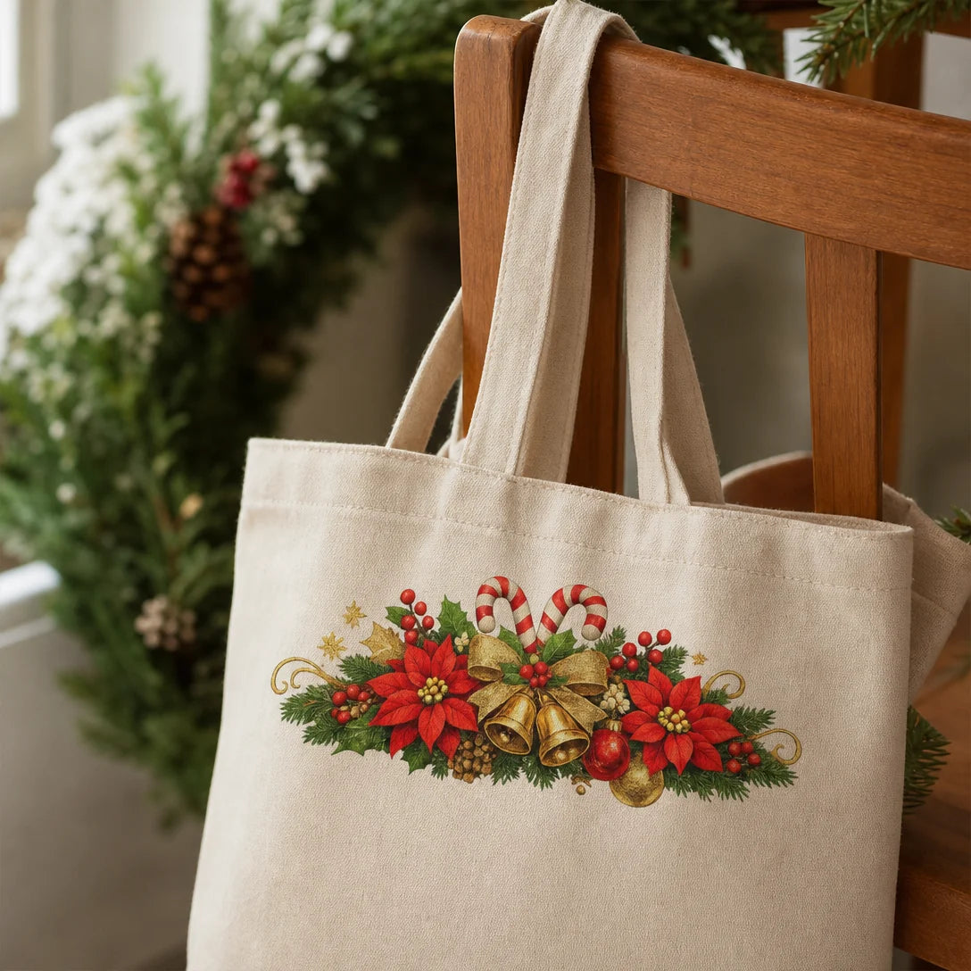 Transfer têxtil DTF Flores de Natal com Sino aplicado — Tote bag de algodão