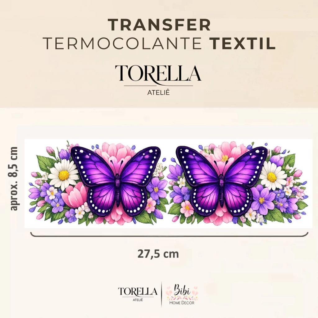 Transfer DTF têxtil Borboleta Roxa com Flores