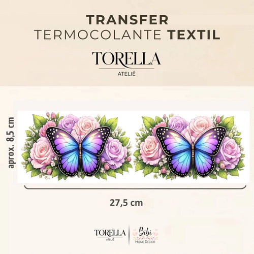 Transfer DTF têxtil Borboleta Azul-Roxa com Rosas