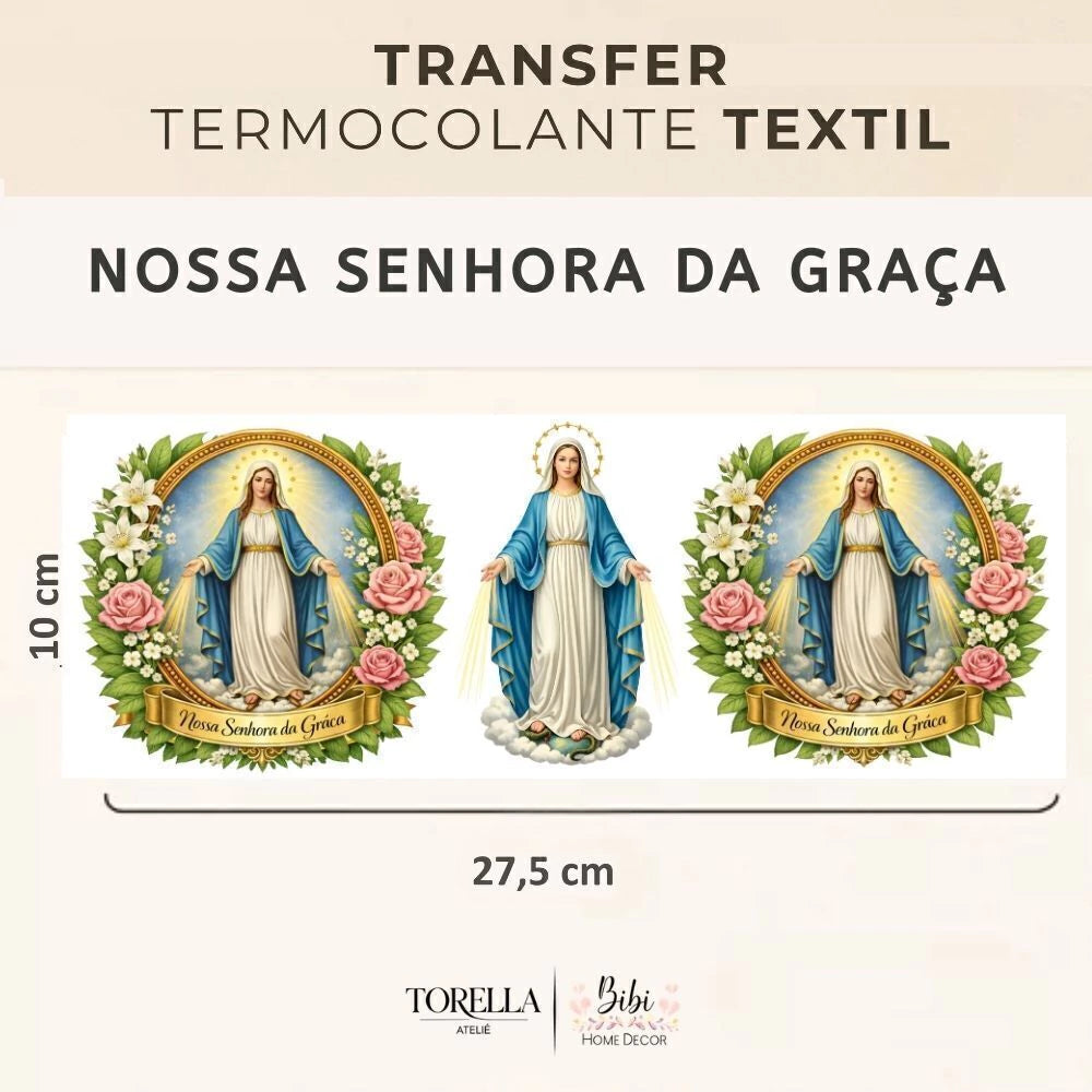 Transfer DTF têxtil Nossa Senhora da Graça - Trio Medalha Floral