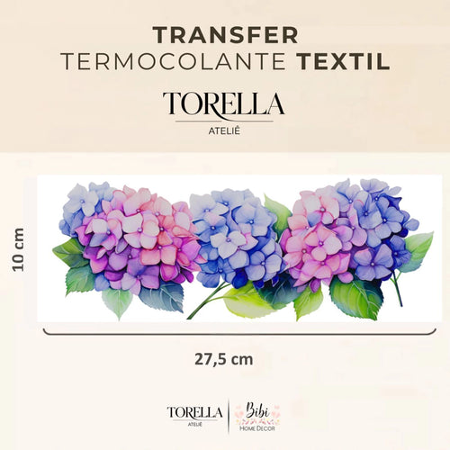 Transfer DTF têxtil Hortênsia Azul e Lilás - Arranjo Floral
