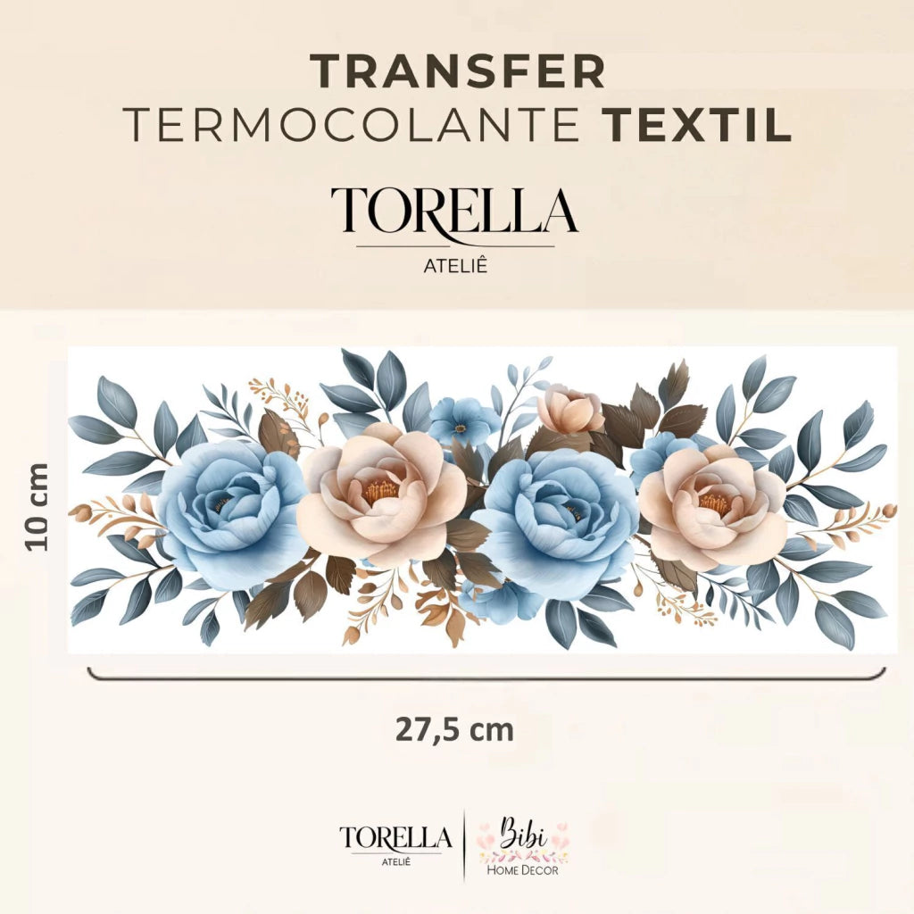 Transfer DTF têxtil Rosa Azul e Bege - Arranjo Floral