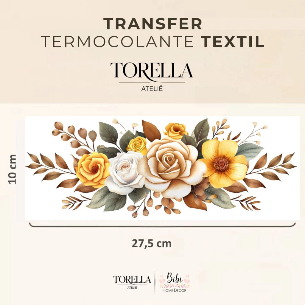 Transfer DTF têxtil Rosa Amarela e Bege - Arranjo Floral