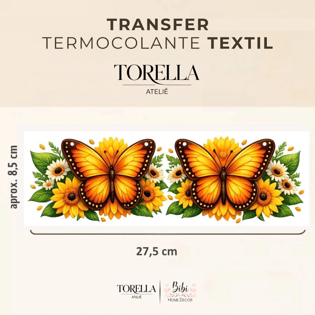 Transfer DTF têxtil Borboleta Laranja com Girassol