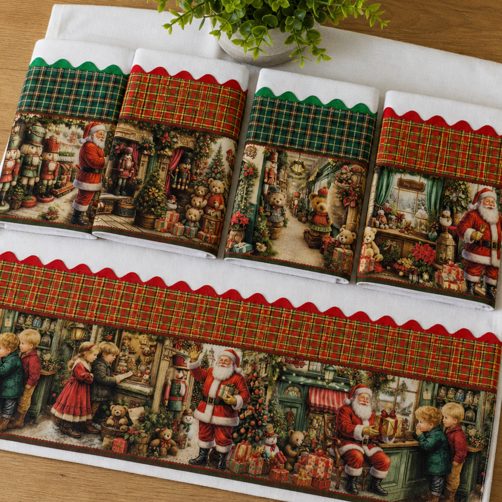 Kit pano de prato Natal Clássico Noel 5 panos sacaria 100% algodão barrado xadrez