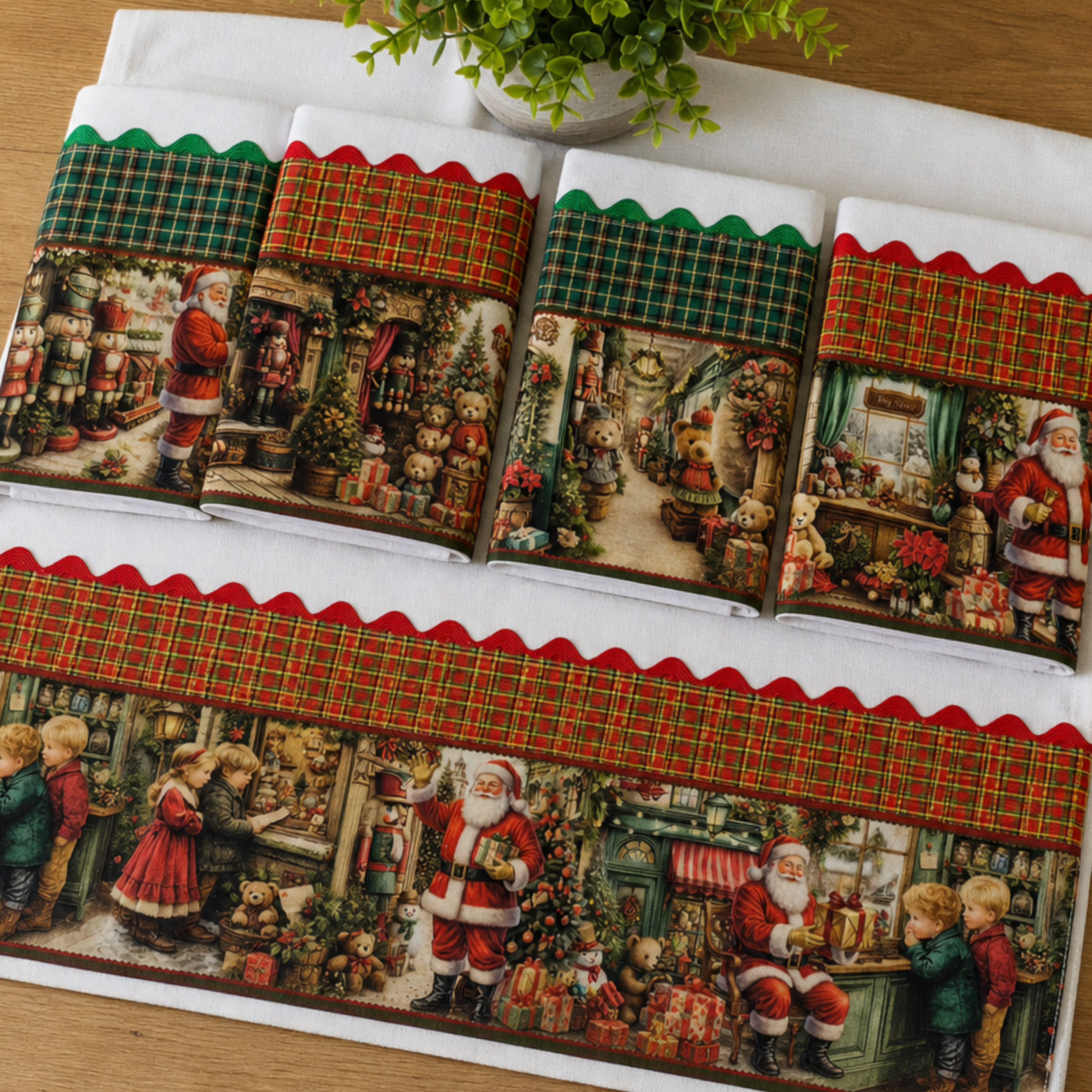 Kit pano de prato Natal Clássico Noel 5 panos sacaria 100% algodão barrado xadrez