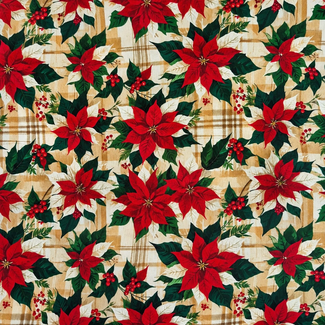 Tricoline flor de Natal fundo xadrez 100% algodão