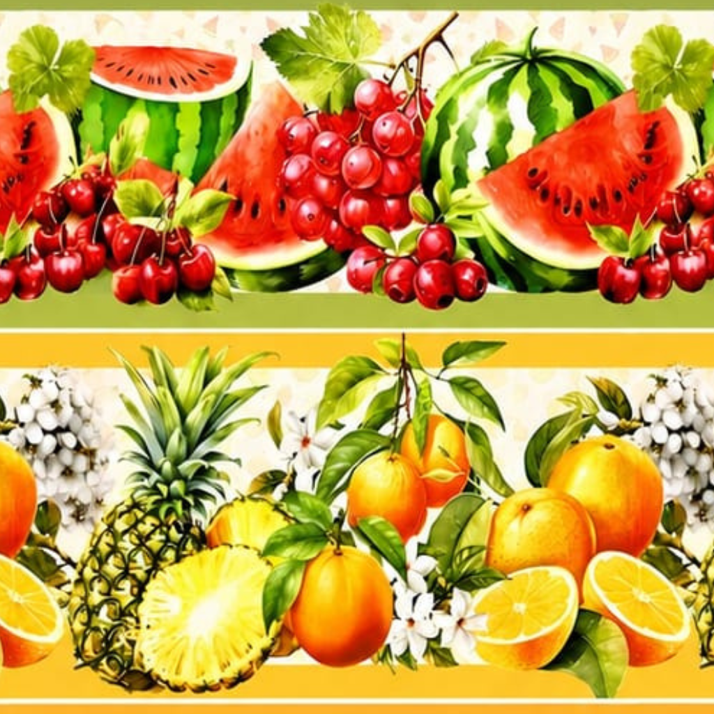 Tricoline barrado frutas tropicais coloridas 100% algodão