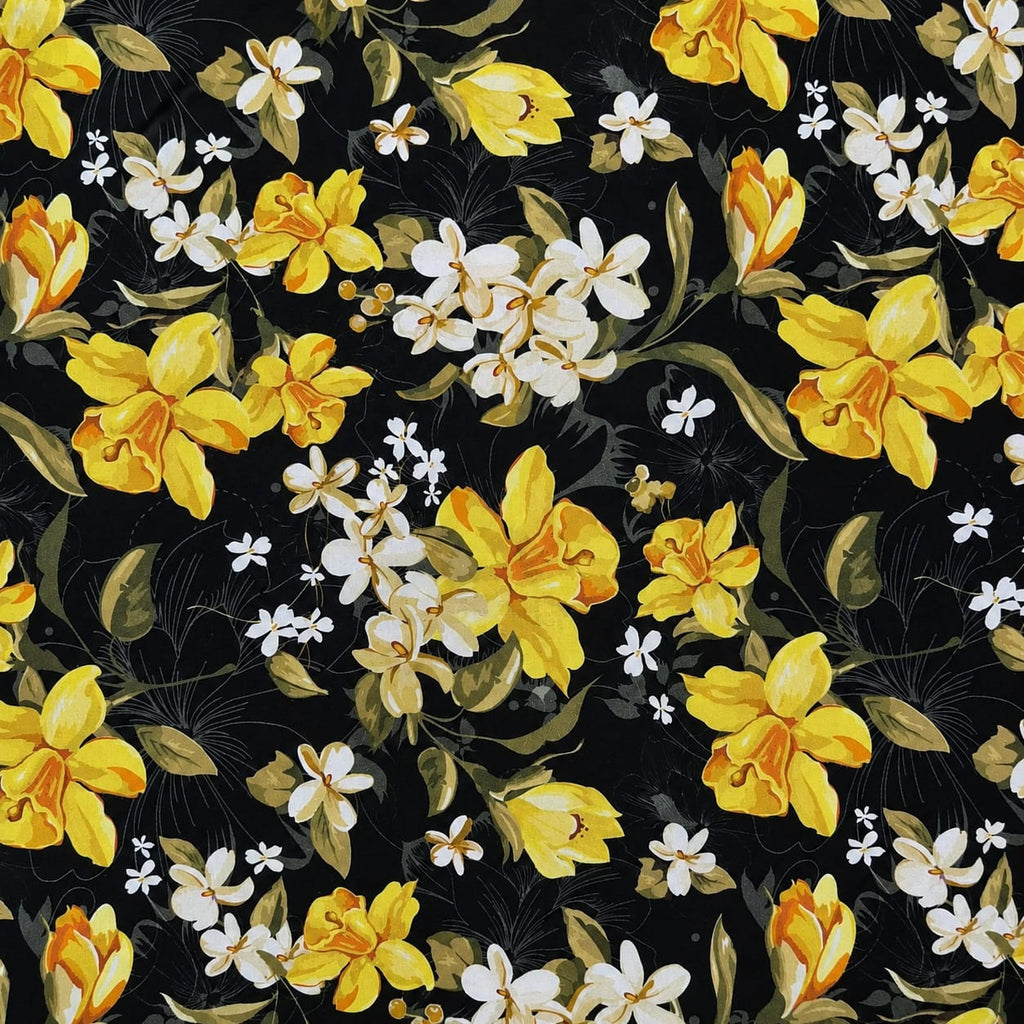 Tricoline floral amarelo fundo preto 100% algodão