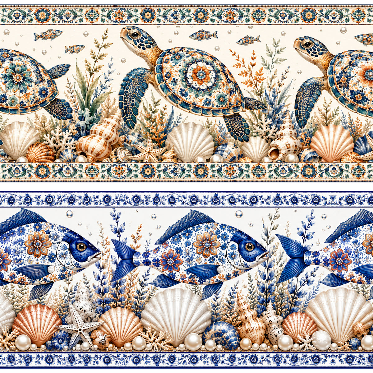 Tricoline barrado Vida Marinha azulejo português 100% algodão
