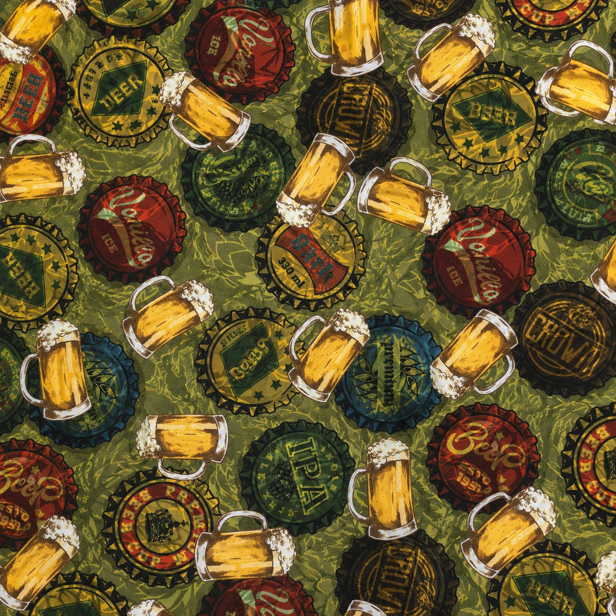 Tricoline tampinhas de cerveja fundo verde 100% algodão