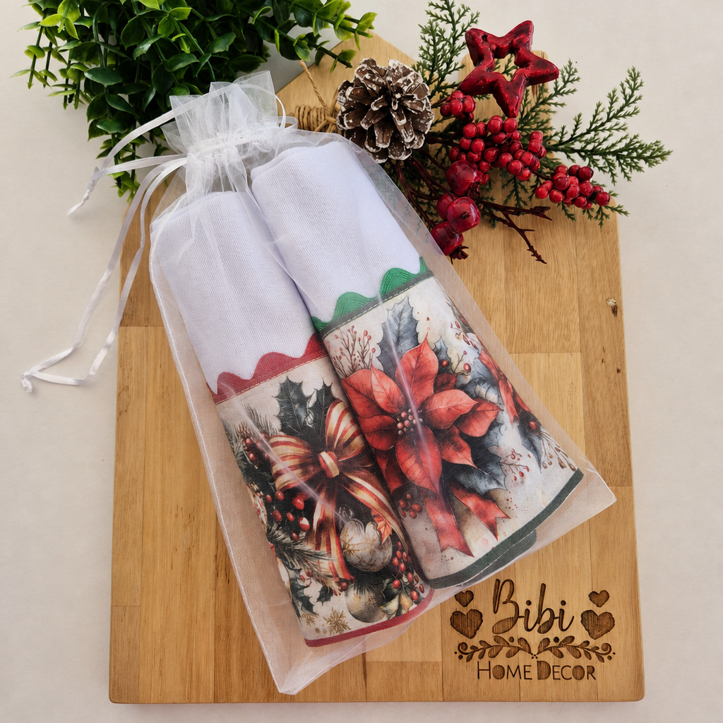 Kit pano de prato Elegância Natalina 2 panos sacaria 100% algodão