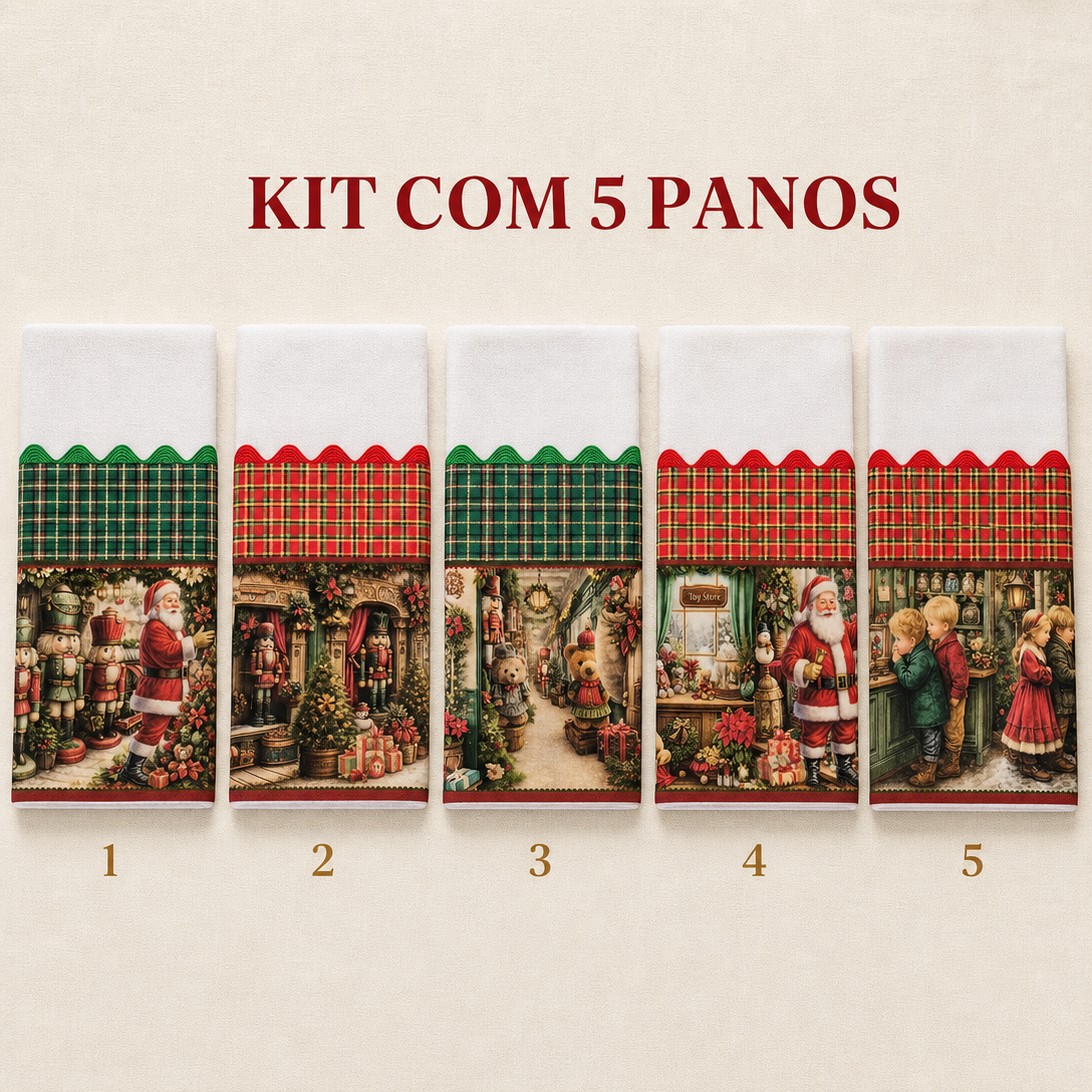 Kit pano de prato Natal Clássico Noel 5 panos sacaria 100% algodão barrado xadrez — imagem 2