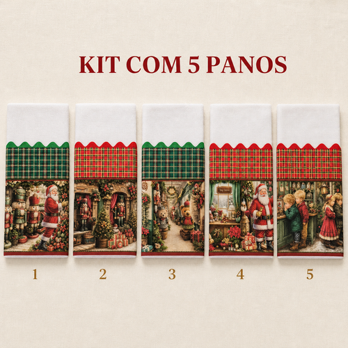 Kit pano de prato Natal Clássico Noel 5 panos sacaria 100% algodão barrado xadrez — imagem 2