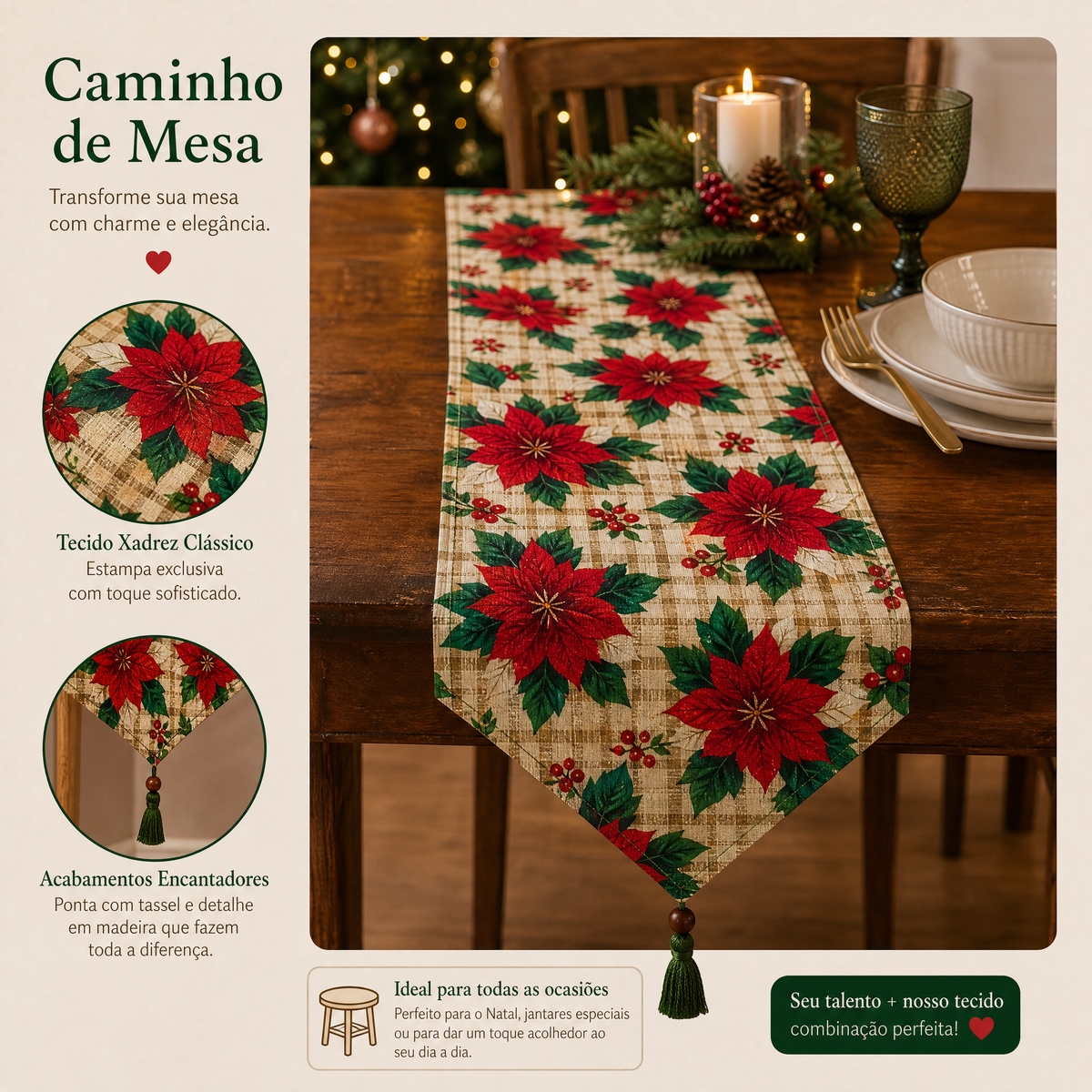 Tricoline flor de Natal fundo xadrez 100% algodão — imagem 2