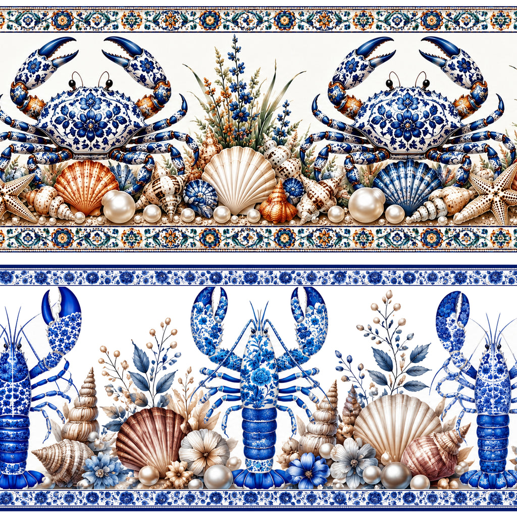 Tricoline barrado Vida Marinha azulejo português 100% algodão — imagem 2