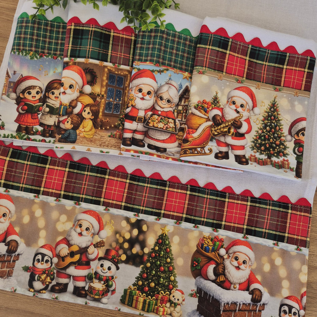 Kit pano de prato Natal Noite Feliz 5 panos sacaria 100% algodão barrado xadrez — imagem 2
