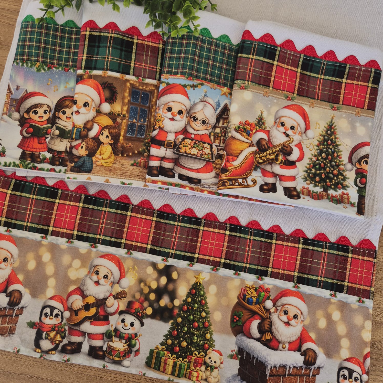 Kit pano de prato Natal Noite Feliz 5 panos sacaria 100% algodão barrado xadrez — imagem 2