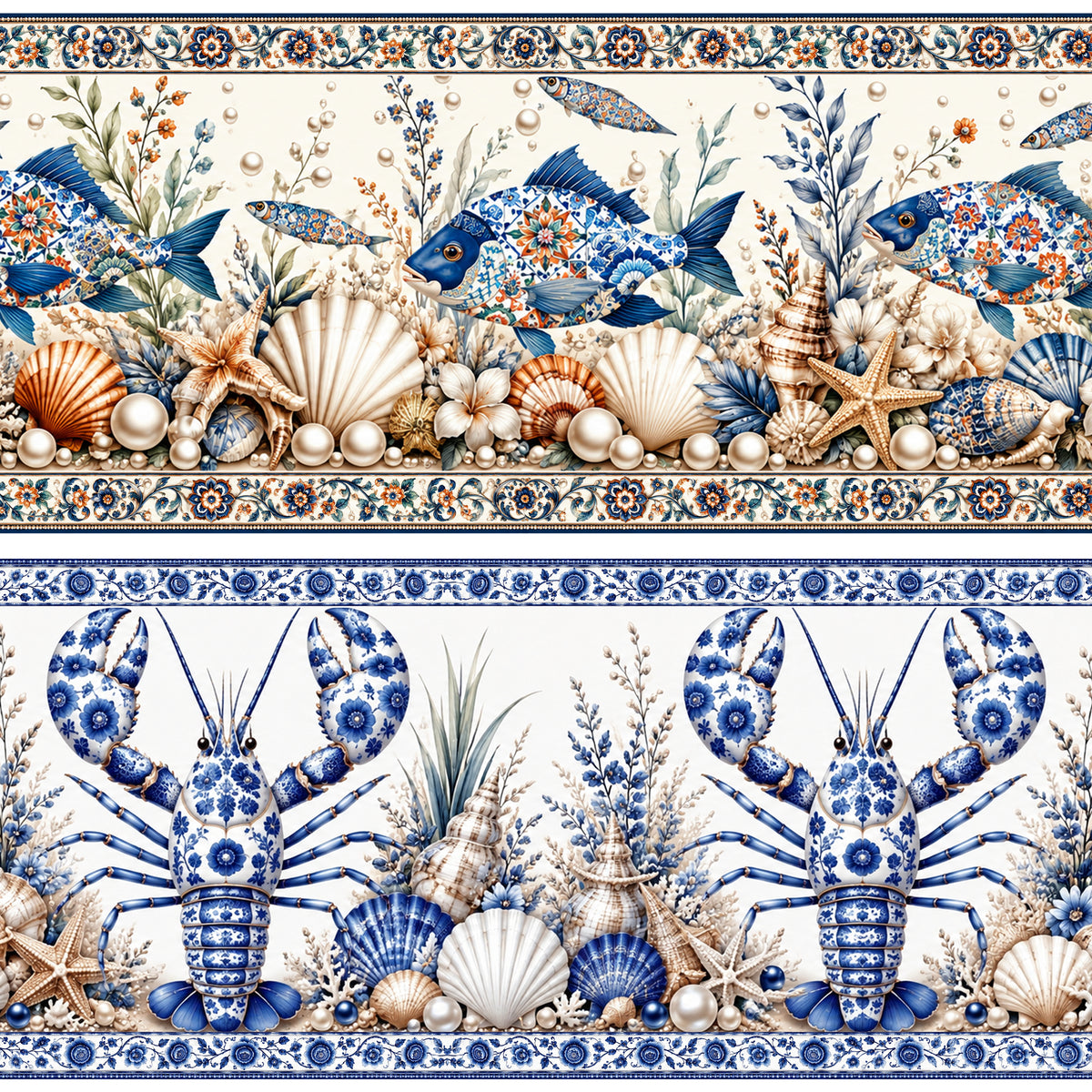 Tricoline barrado Vida Marinha azulejo português 100% algodão — imagem 3