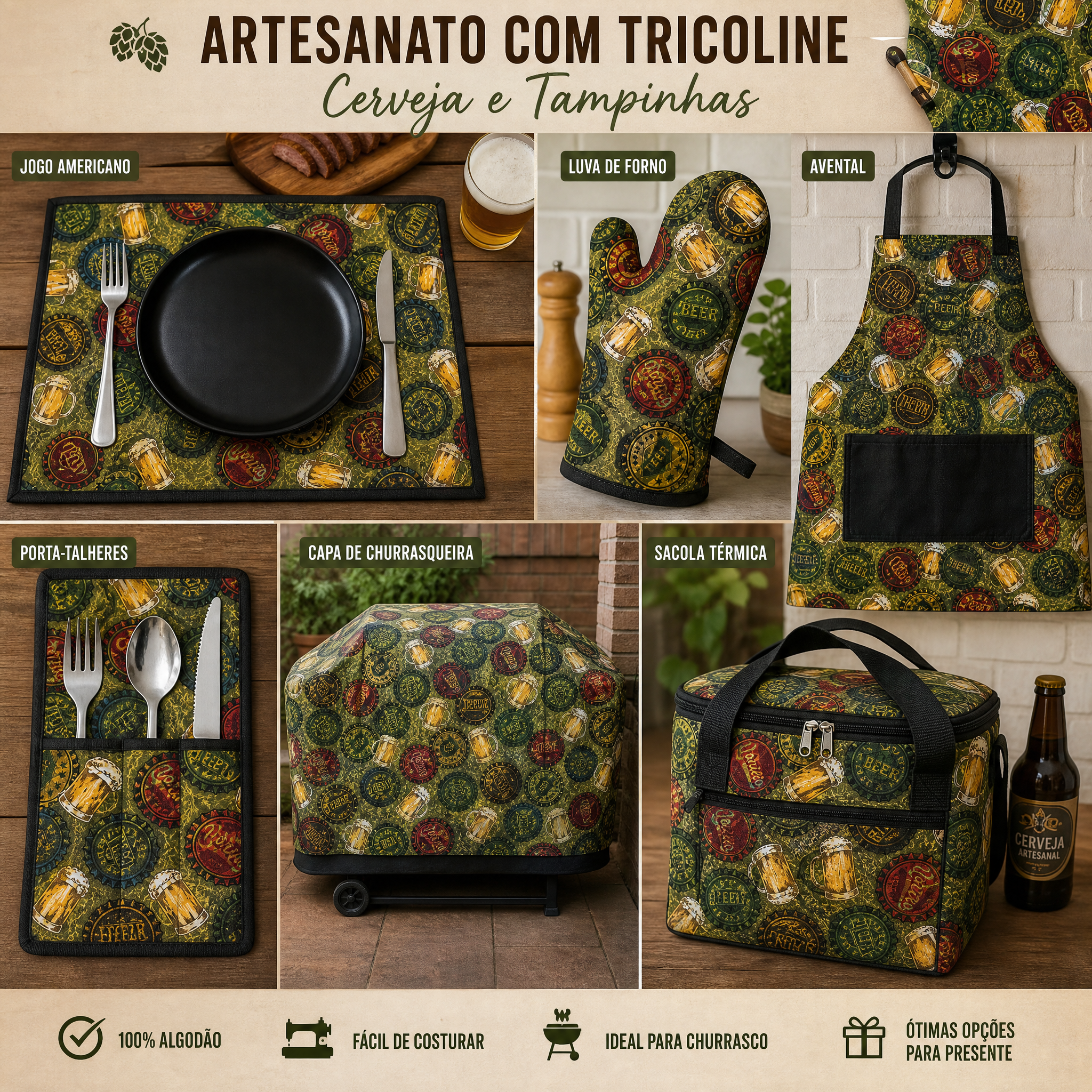 Tricoline tampinhas de cerveja fundo verde 100% algodão — imagem 3