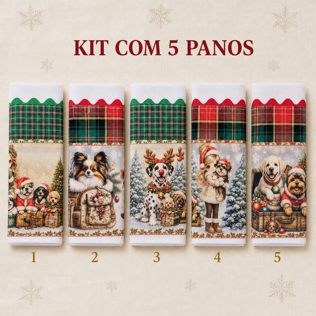 Kit pano de prato Natal Patinhas na Neve 5 panos sacaria 100% algodão barrado xadrez — imagem 3