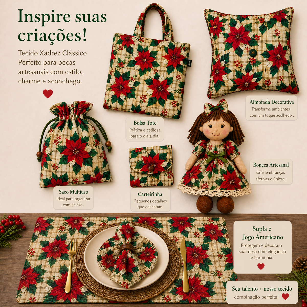 Tricoline flor de Natal fundo xadrez 100% algodão — imagem 3