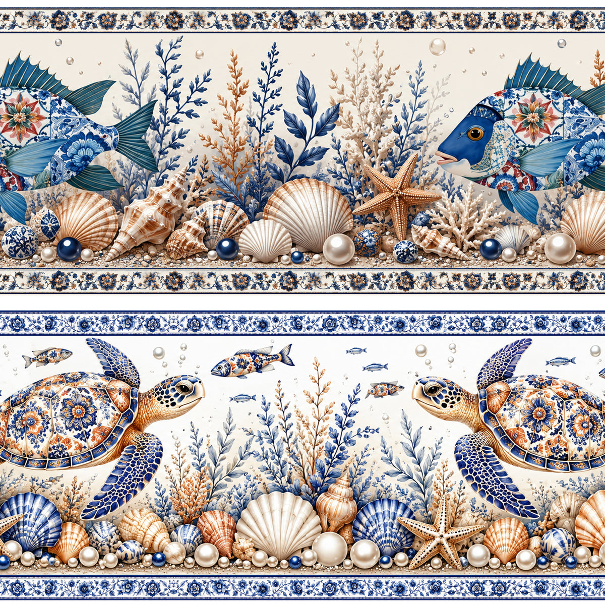 Tricoline barrado Vida Marinha azulejo português 100% algodão — imagem 5