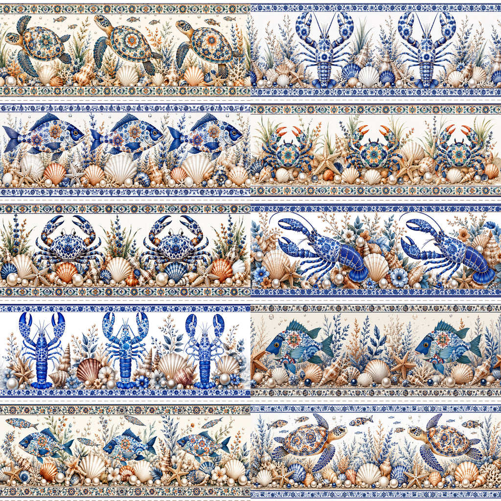 Tricoline barrado Vida Marinha azulejo português 100% algodão — imagem 6