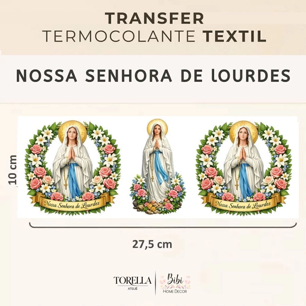 Transfer DTF têxtil Nossa Senhora de Lourdes - Trio Guirlanda Floral